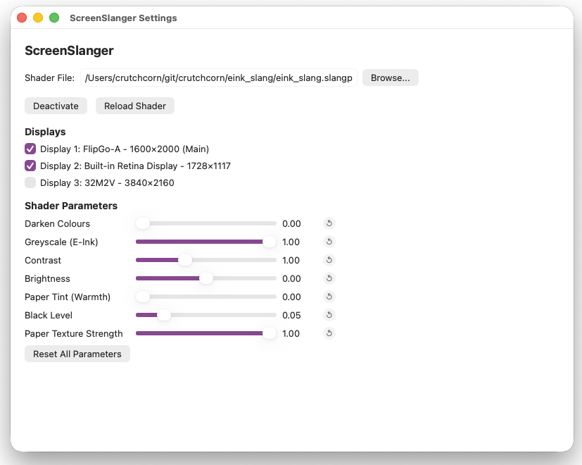 A settings dialog with a slang file applied to 2 of 3 monitors with different parameters.
